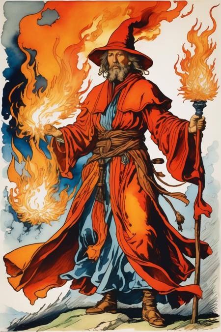 (intricate etched lineart) ,watercolor painting of ((A fiery mage adorned in flames-themed robes, wielding a staff ablaze with magical fire. The color palette showcases vibrant oranges, reds, and glowing ember accents, embodying a sense of infernal power and passion):1.3), quarter turn  staging, (art by albrecht duerer:1.3) and (art by Heinrich Kley:1.3) and (art by charles Bargue:1.3)