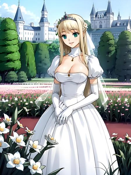 Juliette aqua eyes  tiara bridal veil hair flower collar  white gown with Puffy Sleeves pink dress school uniform white elbow gloves white thigh highs  black thigh highs  smile frown  surprised bored