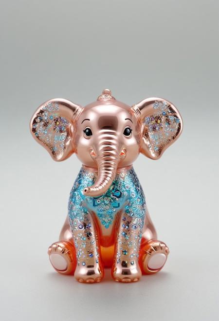 Create a detailed image of a small, enameled glass figurine. The figurine should have a cute, whimsical design featuring a chubby, smiling animal like a baby elephant or a kitten. The glass should be glossy with vibrant pastel colors, and delicate, intricate patterns of flowers or stars should be etched onto the surface. The animal could be holding a tiny balloon or wearing a small bow to enhance its adorable appearance. Soft reflections of light should bounce off the smooth glass surface, giving the figurine a magical, sparkling glow