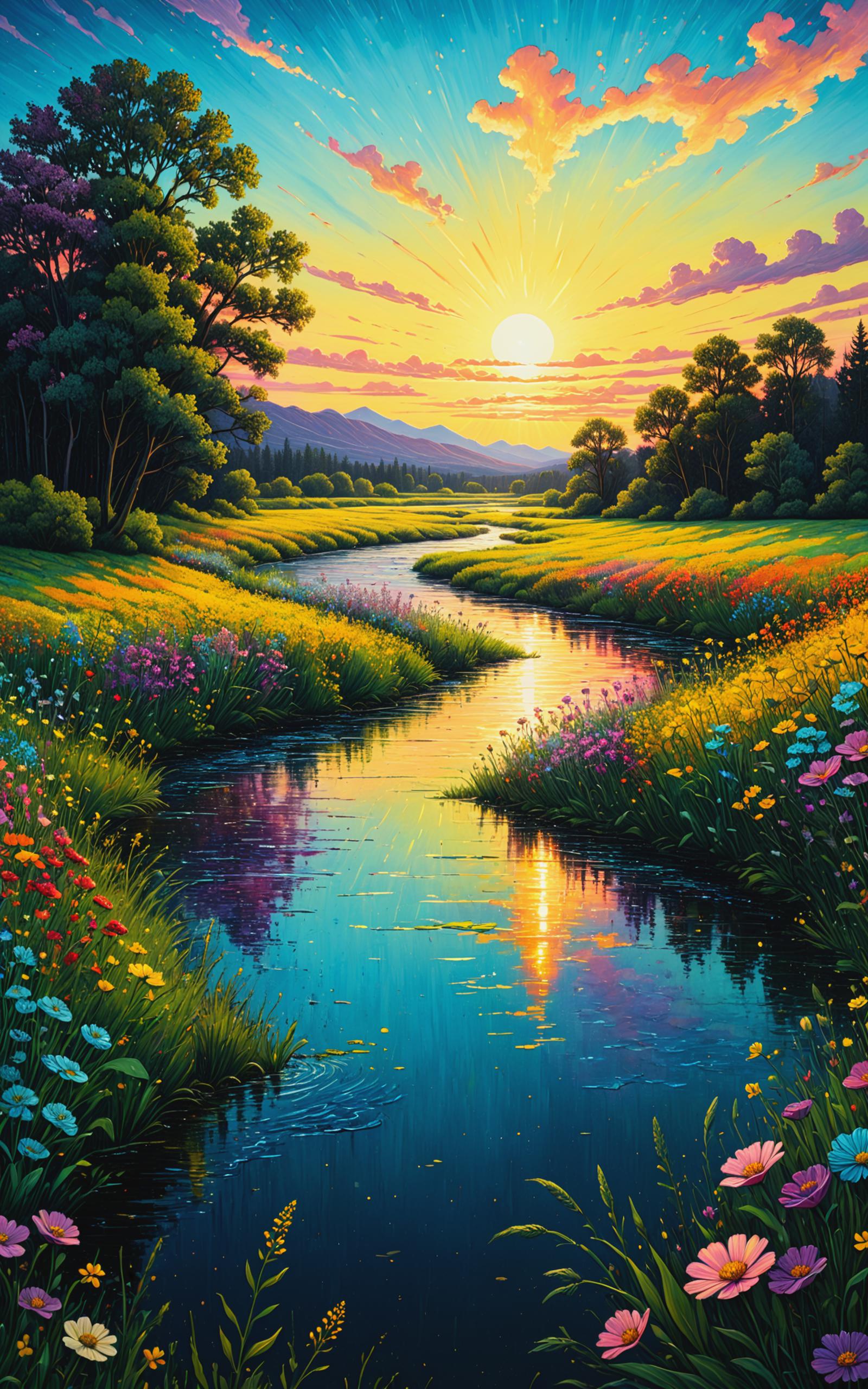 A serene painting of a river with a waterfall, surrounded by a lush green field filled with vibrant flowers. The water appears blue and the sun is shining brightly, casting a warm glow on the scene.