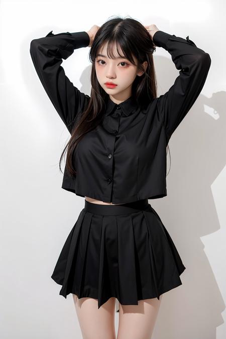 1girl,hair with bangs,black blouse and black skirt, ,white background,  <lora:bllncp-02:1>