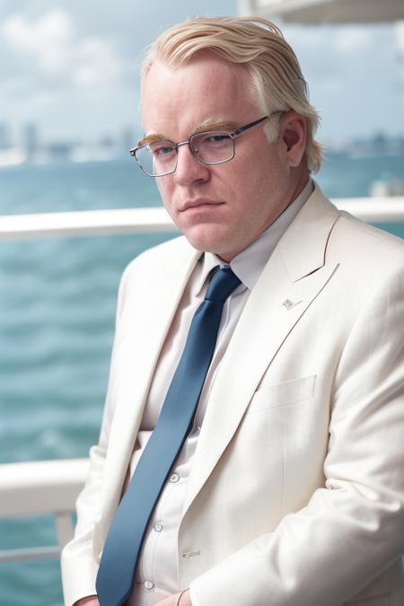 a miserable blonde man <lora:philipSeymourHoffman:1> in an expensive white suit, dowtown at the miami pier, in the summer, RAW, 8K, UHD, (candid:1.2, amateur:1.1), glasses