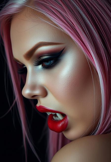 masterpiece, high detail, masterpiece, closeup portrait of stunning mulatto lationo  vampire woman, long pink hair with white streak, dark eyeshadow, red lips, mouth slightly open showing fangs, chiascuro, sexy, seductive, erotic, direct gaze, dark background. highest definition, HD32K, wallpaper, hyperdetailed, concept art, extreme closeup, side profile