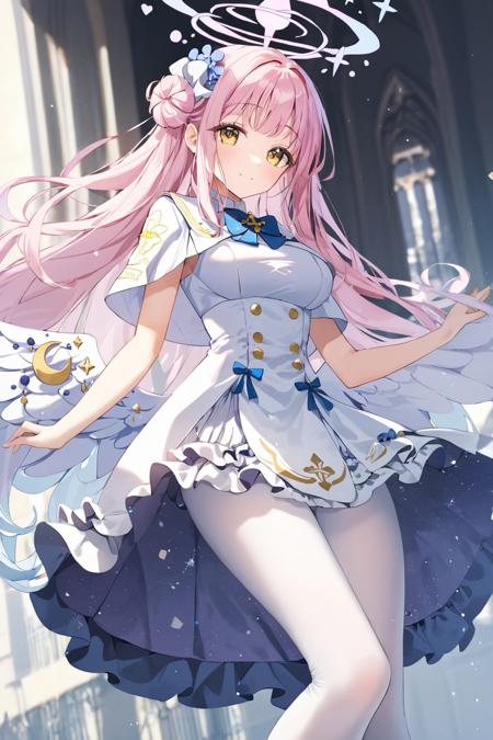 masterpiece, best quality, mika \(blue archive\), 1girl, blue archive, angel wings, white pantyhose, underbust, breasts, halo, pink hair, yellow eyes, hair ornament, hair flower <lora:mika:0.8>