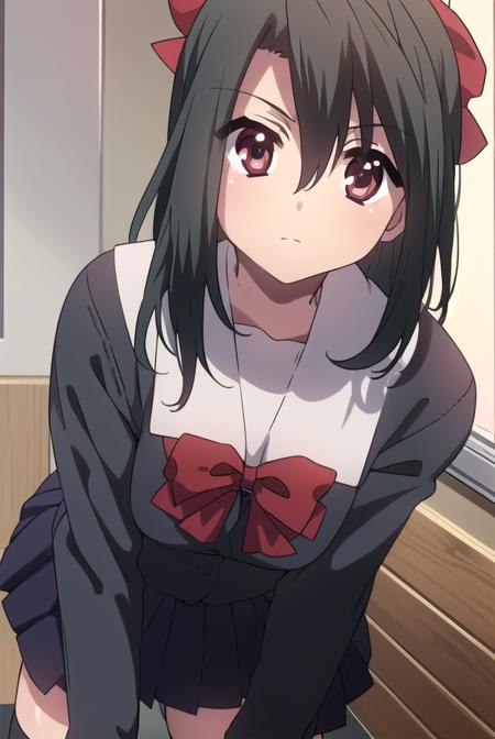 setsunakiyoura, <lyco:setsunakiyoura-lyco-nochekaiser:1>,
setsuna kiyoura, black hair, (red eyes:1.5), hair bow, red bow,
BREAK skirt, thighhighs, bow, school uniform, pleated skirt, shoes, black thighhighs, zettai ryouiki,
BREAK looking at viewer,
BREAK indoors, classroom,
BREAK <lora:GoodHands-vanilla:1>, (masterpiece:1.2), best quality, high resolution, unity 8k wallpaper, (illustration:0.8), (beautiful detailed eyes:1.6), extremely detailed face, perfect lighting, extremely detailed CG, (perfect hands, perfect anatomy),