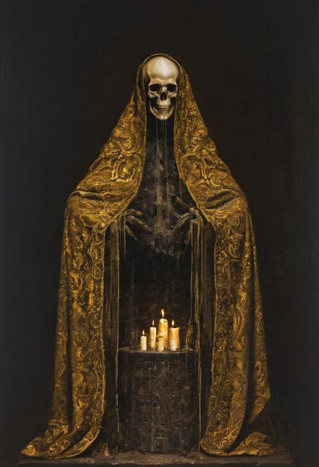 by Arthur Stanley Wilkinson, (intricate details, masterpiece, best quality:1.4), in the style of nicola samori, (male skeleton in an ancient cloak), high quality skull, sitting on big throne, candles an endless dark room, dystopian, golden shades, (candles:1.3), average view, dark room, intricate, mysterious, ominous, looking at viewer, pose of the saint
<lora:epi_noiseoffset2:0.5> <lora:add-detail-xl:1> <lora:xl_more_art-full_v1:0.5>  <lora:NicolaSamori:0.7>