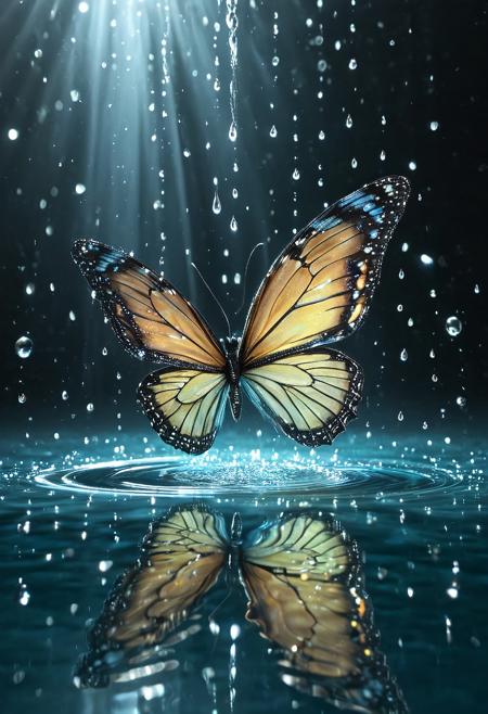 , tearStyle2, delicate surreal butterfly made of glowing water and glass, hovering above a reflective pool, wings forming mid-air with fluid motion, shimmering droplets around, soft fantasy lighting, dreamy environment