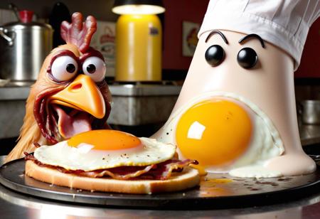 anthropomorphic chicken frying sunny-side up eggs and bacon in a 1950's diner