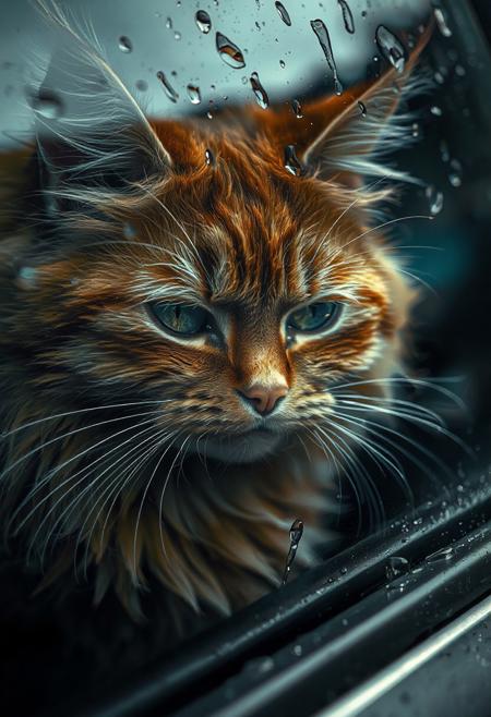 hyperrealistic, close-up,
double exposure, sad shaggy red cat crying behind wet car glass, tears, heavy rain, RAW photo, f/4,
128k, juicy, photorealistic, pixel clarity,high resolution, pronounced emotions,photorealism,hyperdetalization, 3d effect,16k, careful drawing of details, voluminous watercolor,drawing with colored ink and pen,professional photography,dark botanical,
high detail, clarity of lines