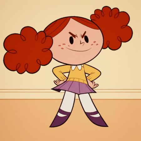 1girl, dark red hair, twin curly poof hair, freckles, yellow dress, jeweled ruby tiara, white tights, black belt, black boots, black gloves, solo, crown, gloves, black eyes, v-shaped eyebrows, forehead jewel  dark red hair, twin curly poof hair, freckles, yellow sweater, white under shirt, white tights, purple skirt, violet shoes, solo, skirt, pantyhose, twintails, white pantyhose, full body, purple skirt, 1girl,black eyes, v-shaped eyebrows