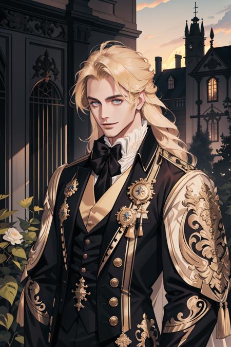 (masterpiece, best quality), 1 male, adult, handsome, tall muscular guy, broad shoulders, finely detailed eyes and detailed face, extremely detailed CG unity 8k wallpaper, intricate details, long blond hair, large 18th-century baroque mansion, garden, nobleman, aristocratic, elegant, neat, graceful, sunset, scenery, smile