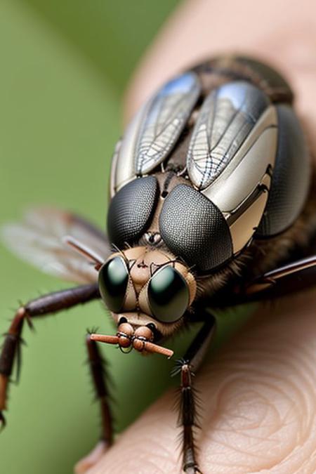 A giant fly drinking coffee pestered by human insects flying around it