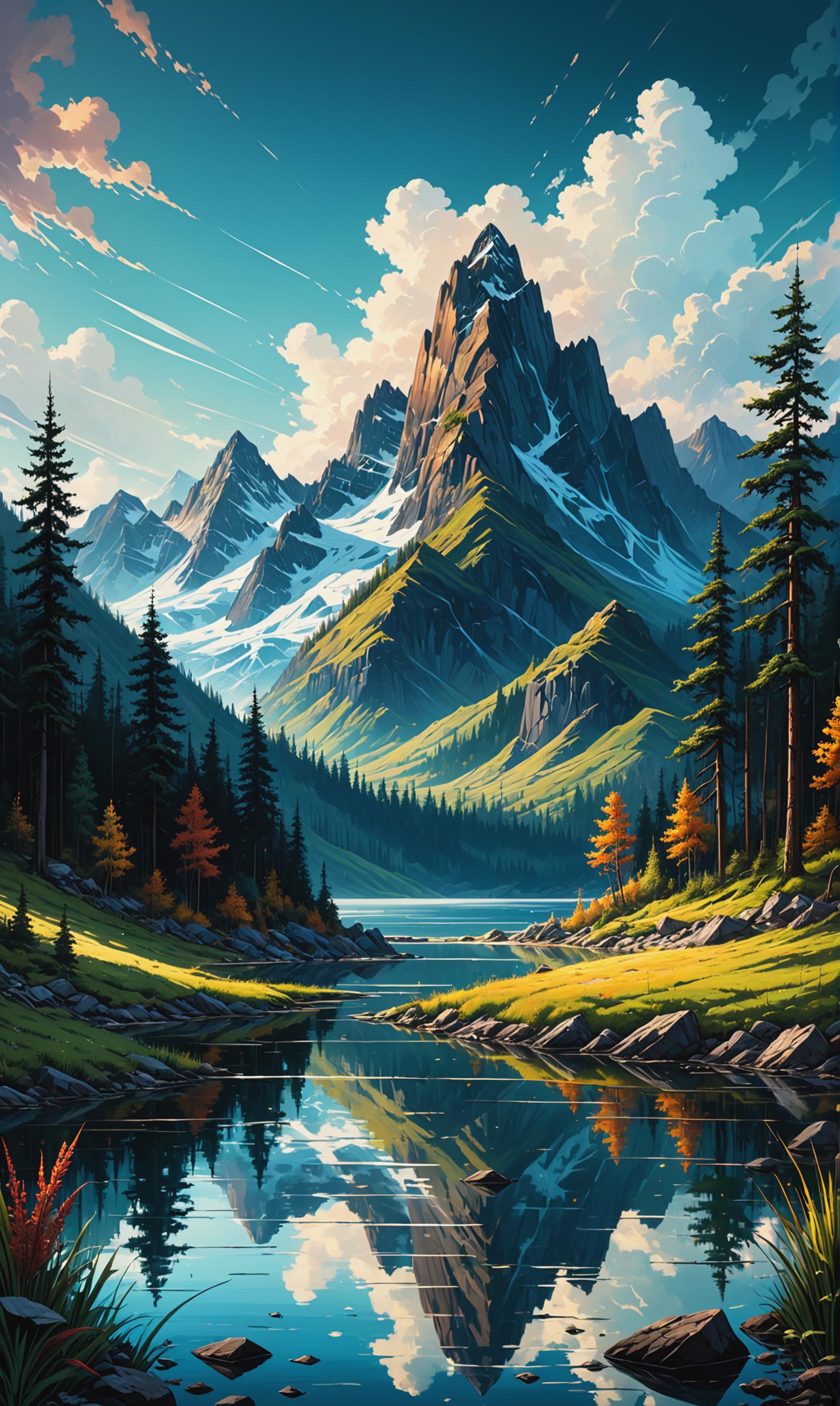 Artistic Landscape Painting of a Mountain Lake with Trees and River