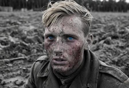1 man, world war 2 soldier on the Eastern Front, (dying), (explosions), face in shadows, vivid colors, black and white, bright blue eyes, bloody face, bleeding out, exhausted, German Soldier, blonde hair, 1940s haircut, muddy field, bleak landscape, last moments, <lora:Desolation:1.1>