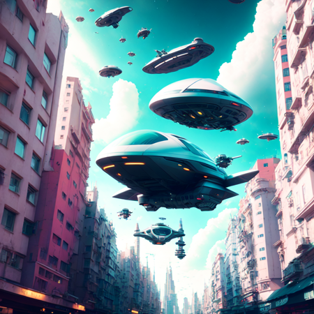 photo, a sci - fi cityscape with a flying vehicle in the sky (HoverCar style:1) <lora:djzHoverCarV21:1>