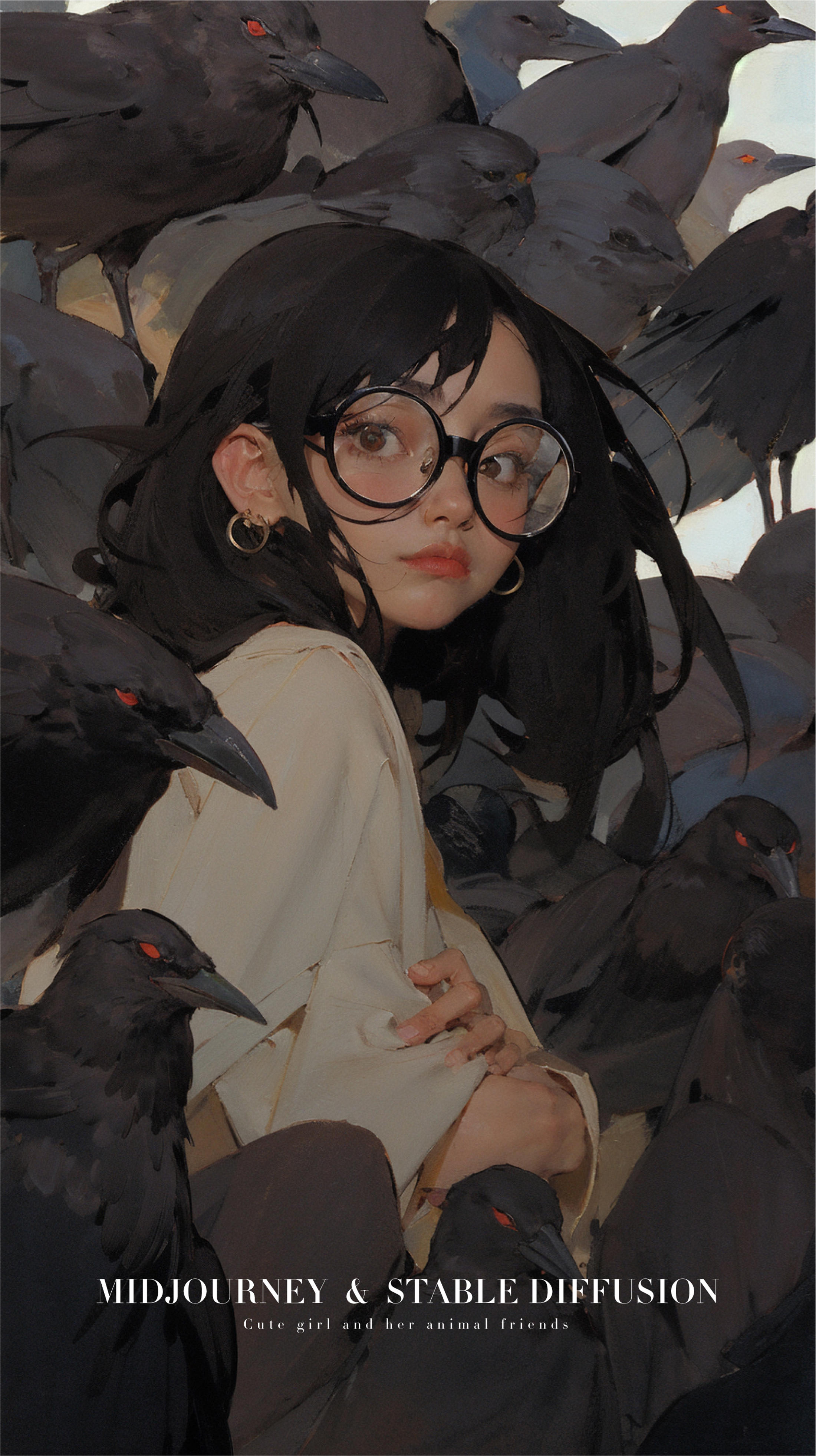 A young girl with glasses, surrounded by a flock of birds.