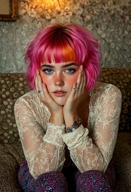 The image is a high-resolution, color photograph of a young woman with vibrant, short pink hair styled in a voluminous, tousled manner with bangs framing her face. Her skin has a light, slightly sun-kissed complexion with a scattering of freckles across her cheeks and nose. She has piercing blue eyes, a small nose ring, and full, slightly parted lips. Her expression is contemplative and slightly melancholic, with her hands supporting her face, fingers gently touching her cheeks.
She is dressed in a casual, eclectic outfit that includes a sheer, beige, long-sleeve top with intricate lace detailing, which contrasts with her vibrant hair color. She is wearing multiple bracelets on her arms, including a chunky silver cuff, and a couple of rings on her fingers. Her attire also includes patterned leggings with a mix of pink, purple, and orange hues.
The background is softly blurred but suggests an indoor setting, possibly a cozy, dimly lit room with an eclectic decor. The walls are adorned with what appears to be vintage or bohemian-style wallpaper featuring floral and abstract patterns. She is seated on a textured, patterned surface, possibly a cushioned sofa or chair, with the soft, muted lighting enhancing the intimate, moody atmosphere.