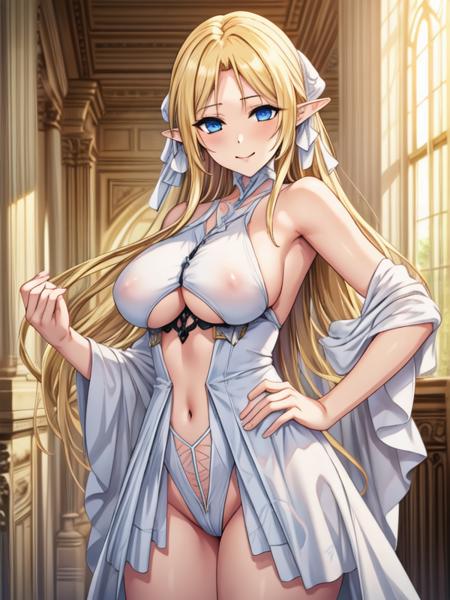 brest,blonde hair,blue eyes,pointy ears, white dress, see-through, leotard, highlights eye,