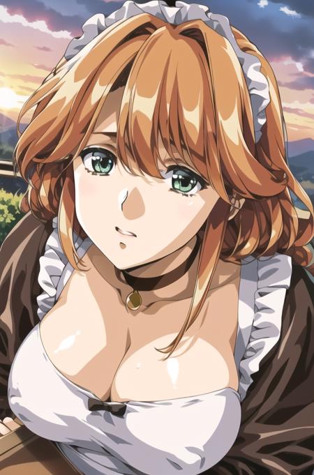 Outdoor,sunset, twilight,, Castle,red_sky,sunlight, sunrise, backlighting,cloud, cloudy_sky,mountainous_horizon, orange_sky,
Standing at attention,(Close-Up),
black dress ,maid headdress, maid apron, maid dress,white collar ,necklace,long_sleeves,
<lora:Aine_Front_Innocent-KK77-V1:0.7>,maid,collarbone,choker,fingerless_gloves,
brown_hair,Green_eyes,
1 girl, 20yo,mature female,Beautiful Finger,Beautiful long legs,Beautiful body,Beautiful Nose,Beautiful character design, perfect eyes, perfect face,
looking at viewer, 
NSFW,official art,extremely detailed CG unity 8k wallpaper, perfect lighting,Colorful, Bright_Front_face_Lighting,
(masterpiece:1.0),(best_quality:1.0), ultra high res,4K,ultra-detailed,
photography, 8K, HDR, highres, absurdres:1.2, Kodak portra 400, film grain, blurry background, bokeh:1.2, lens flare, (vibrant_color:1.2)
(Beautiful,large_Breasts:1.4), (beautiful_face:1.5),(narrow_waist),