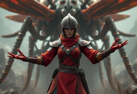 A cinematic octane render of a Rookie Warrior Lady from the video game "Dark Souls", depicted in a uniform shade of red, standing in a dynamic pose with arms outstretched as if ready for battle, centered and the sole focus against a detailed, high-resolution Battlewasp - Nest background. The character wears a helmet with a visor , detailed armor including a chest plate and shoulder pads, and gauntlets. The image is 4K, Exceptional Quality, with More Detail, Lifelike Details, Super Detailed Face and Eyes and Clothes. Handcrafted with Precision, High Quality, Stunning Colors, Impeccable Composition, Creative Angle, Attractive Background, Balanced Editing, Intentional Focus, Well-timed Moment. Captured with Captivating Lighting, rendered in Unreal Engine 5, with a Grammer Effect Style. Trending on ArtstationHQ., very detailed.