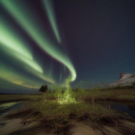 “In a single still frame, show a towering, bio-luminescent mangrove tree rising from crystalline waters that refract intricate fractal patterns onto massive, translucent petals above. Within each petal, nested micro-worlds mirror shifting auroras and drifting spores. Shimmering vines, encrusted with ornate shells and pearls, coil among swirling mist lit by diffuse golden sunlight. Every surface is textured with hyper-detailed engravings, revealing subtly hidden glyphs and impossible, non-Euclidean geometry—an otherworldly fusion of lush nature and arcane complexity.”