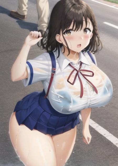 thick thighs, large breasts, woman,(netorare),toshoshitsunokanojoseisonakimi,school uniform, school background,wet,<lora:ToshoshitsunoKanojoSeisonaKimi-08:0.85>