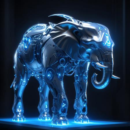 an elephant made of glossy silver and blue glow, delicate frame, cyborg, deus ex human revolution, SilverPulse, masterpiece, best quality, highly detailed, sharp focus, dynamic lighting