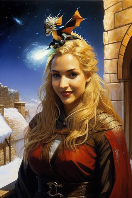 (best quality, masterpiece, high resolution:1.2),visal novel illustration,oil painting,absurdes, a cute pet dragon, resting on girl's head, (breathing fire:0.75), 1girl,blonde hair, she's <lora:GemmAtkins20byMal (1880):1> GA1 woman,(playful smirk:1.3),lipstick,Bob,detailed face,realistic skin texture, balcony, ancient gothic castle, wide night sky,Elmore_Style, DnD, Fantasy,detailed,dry brush art,brushstrokes, oil on canvas, realistic, magnificent, celestial, ethereal, painterly, magical, fantasy art, dreamy,bright lit,highly visible,inspired by J. R. R. Tolkien and Lord of the Ring style , of A Song of Ice and Fire series,(H.P. Lovecraft:0.3), vibrant,colorful,poignant atmosphere,hauntingly captivating,light particles,Anton Sokolov,scenery <lora:petdragons daeneryskhala:1> <lora:BearlySD:0.8> <lora:sokolovstyle:0.4>  <lora:Elmore_Style-000010Elmore_Style-000008dungeonsanddragons:0.8>