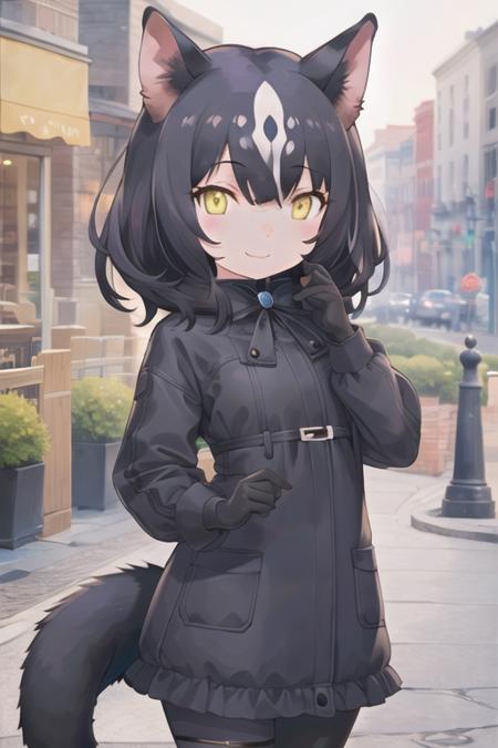 masterpiece, best quality,solo,1girl,yoshizaki,cat ears,black hair,yellow eyes,outdoors,smile,black gloves, <lyco:KemonoFriends:1>,chibi,