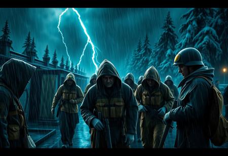 hyperdetailed ultra-detailed realistic,  
Sad working people, full of thunder,  rainy day, with glowing vibrant light, detailed  environment, dark shot, rtx, at exotic snow florest background , High Definition HD, High Detail, Perfect Composition, action movie,