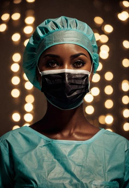 A female black surgeon in surgical outfit, (Ghanian), (brown skin:2), surgical mask, surgical cap and surgical gloves, (holding a golden scalpel), Detailed picture, very high resolution, (in an operating room), surgical outfit, skin tone style,  Stable-Yogis-Rembrandt-lighting-1.5x , easynegative, Stable-Yogis-EtherealBeauty-1.5x, brown eyes, perfecteyes, dim light, low light, dramatic light, partially covered in shadow, Low-key lighting Style, film, grain, bokeh,