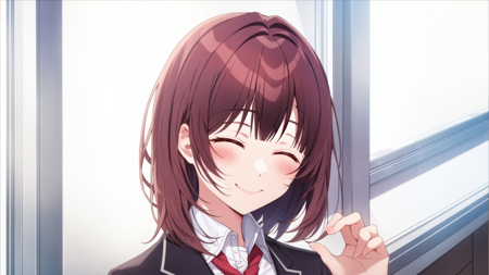 inazukinozomi, 1girl, solo, closed eyes, smile, school uniform, window, necktie, jacket, shirt, red necktie, closed mouth, collared shirt, white shirt, indoors, blush, blazer, ^ ^, hand up, facing viewer