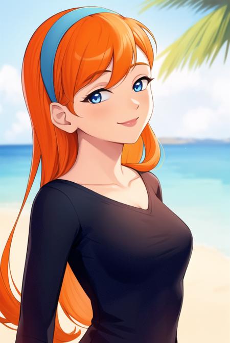 <lora:jasmine_fenton:0.6>, jasmine fenton, masterpiece, best quality, 1girl, solo, orange hair, long hair, smile, blue eyes, hairband, looking up, upper body, black shirt, long sleeves,