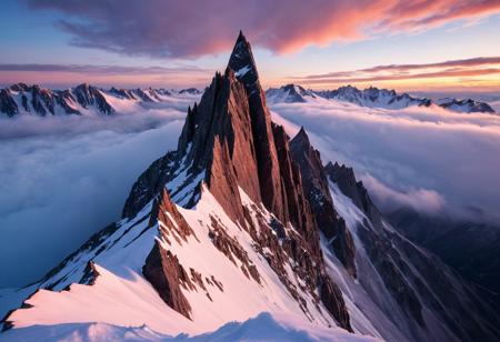 A cinematic wide shot photography of the view On a jagged peak surrounded by a sea of swirling clouds where sharp stone spires pierce the sky. At winter dawn, rosy light glints on frost-coated flakes, each breath hisses in frozen air, and the summit lies silent under fresh snow, masterpiece, best quality, amazing quality, very aesthetic, high resolution, ultra-detailed, absurdres, scenery, film grain, HDR, 8K, high contrast, realistic, cosplay, muted lithing, sharp focus, (chromatic aberration), fine details