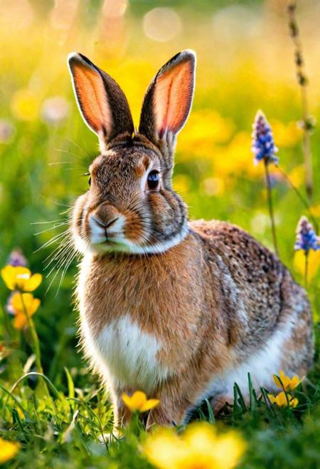 Exquisite quality, visual masterpiece, top-tier resolution, ultra-detailed, UHD sharpness, depth of scenery, rabbit, nestled in spring meadow, early morning, vibrant nature, soft morning haze, surrounding wildflowers, fluffy and textured fur, adjacent, sunbeam through morning mist, sparkling, (gentle sunlight:1.2), dewdrops on grass and fur.
