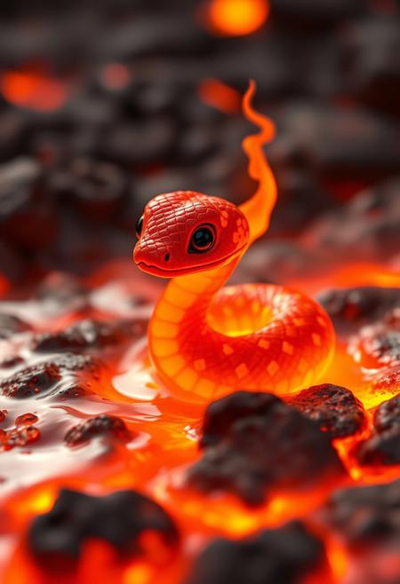 "A tiny, adorable baby fire snake, its body a vibrant, flaming fireball, emerged from a large puddle of lava, its beady, black eyes shining with a fierce, inner light. The snake's flaming scales, a soft, glowing ember red, seemed to dance and shimmer, like a thousand tiny flames, infusing the creature with a magical, otherworldly aura. The snake's body, a swirling, fiery vortex, seemed to pulse with an inner light, as if the very essence of fire and rebirth had been distilled into this one, perfect form. The lava around the snake seemed to shimmer and dance, as if the flames themselves were rejoicing in the snake's rebirth. The overall effect was one of breathtaking, adorable cuteness, as if the fire snake were a living, breathing embodiment of the cycle of life and death, born from the flames, reborn in fire and glory. The snake's flaming body seemed to radiate a warm, golden glow, like a tiny, fiery sun, illuminating the surrounding lava and darkness."