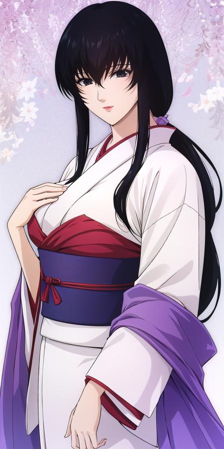 <lora:YukishiroTomoeV2:0.7> yukishiro_tomoe, huge breasts, standing, solo, white_kimono_purple_sash, masterpiece, best quality, detailed face, detailed eyes, highres,