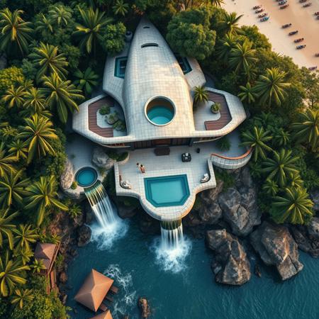 aerial view, A futuristic concrete modern house in a shape of a space ship with swimigpool on a waterfall inspired from a famous architect, with exotic luxuriant vegetation around, in a tropical jungle setting, near a beach, photorealistic, a masterpiece, 4K, high details, view from close, wide lenses camera