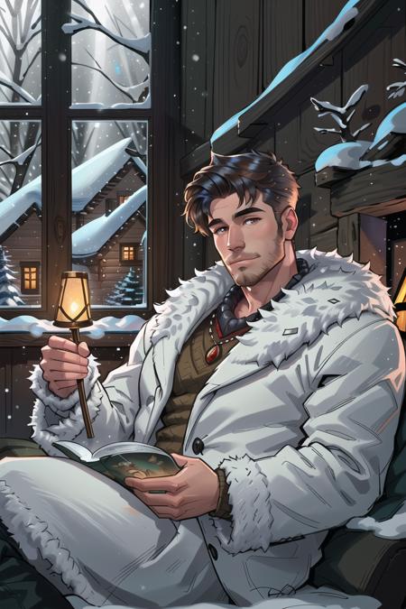 Handsome man wearing a bulky fur coat, sitting in a warm log wood cabin, winter time, cozy scene, warm lighting, snow window in the background, luxurious lodge, professional detailed graphic novel illustration