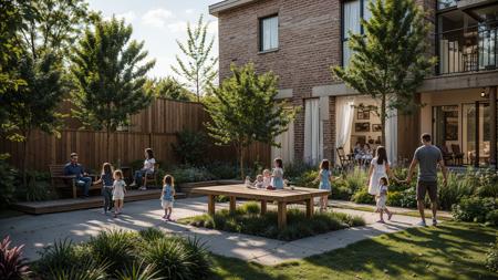 The image depicts a family enjoying a day outdoors in their backyard. There are two adults and two children playing together,with the children holding hands as they run around. The family is situated near a brick house,which serves as the backdrop for their fun-filled day.In the yard,there are several potted plants scattered around,adding a touch of greenery to the scene. A bench is also present,providing a place for the family to sit and relax. The overall atmosphere of the image is one of happiness and togetherness as the family spends quality time together in their backyard.,