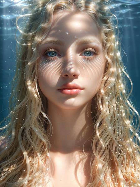 Portrait of a 17-year-old beauty,unparalleled,Fairy,blond Long wavy hair:1.3,under seawater,[face close-up,eyes makeup,(Fish scales:1.105)],pores,(Primitive light and shadows:1.3),