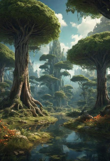 This magical glade, with its ancient trees, vibrant flora, and the touch of something otherworldly in the air by Al Williamson,  (panoramic , artstyle-art deco but extremely beautiful:1.4), (intricate details, masterpiece, best quality:1.4)
Terragen, beautiful massive landscape, epic scenery, Terragen, , looking at viewer
<lora:add-detail-xl:1> <lora:xl_more_art-full_v1:0.5>  <lora:looking_at_viewer:2>