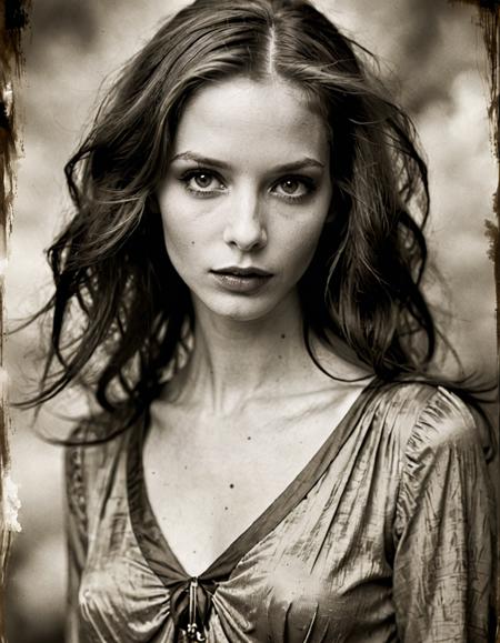 slender British Girl, in tunic, her hair is Alluring, Color splash, Zack Snyder, Sepia filter, portrait art by Malcolm Liepke
