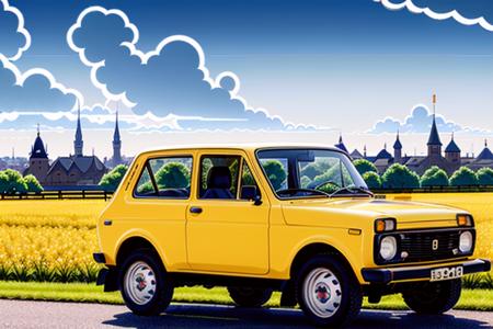 ((masterpiece, best quality)),extremely detailed wallpaper,anime,painting, illustration,shinny, shinny skin,shinny car, sunny, sun, bright, beautiful detailed sky, blue sky, cloud,cloudy sky,(city),light, <lora:VAZ2121:0.8>, VAZ2121