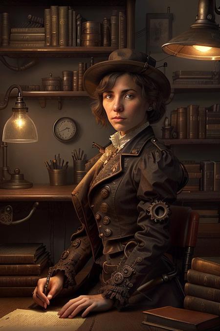 score_9, score_8_up, score_7_up Portrait of a young handsome steampunk detective sitting at a cluttered desk, focusing on his intense expression. He has a serious look, and wears a dark Victorian coat. The lighting is warm from a single flickering oil lamp on the desk, casting shadows across his face. The background is blurred, with only hints of gears and bookshelves. The scene is richly detailed in sepia tones, creating a mysterious, close-up, waist-up composition