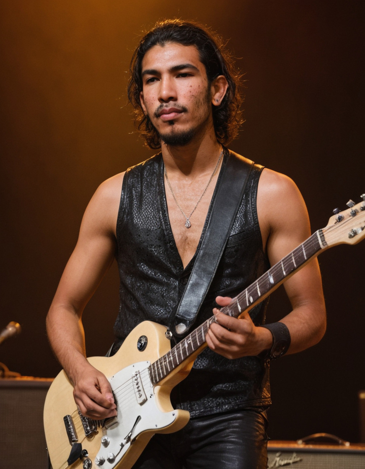 Sport photograph of a latino male rockstar with a electric guitar, with acne on his face, sold out concert, portrait,, <lo...