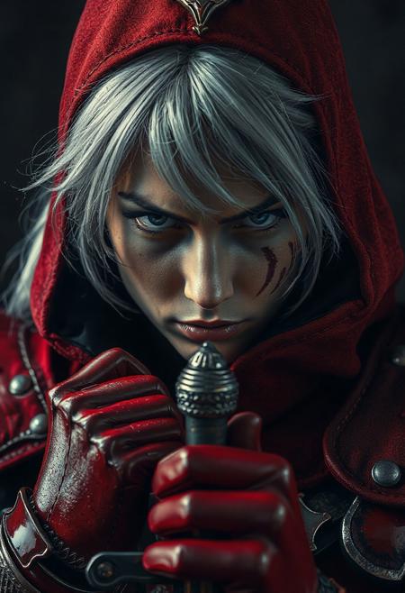 Female knight, Yvendre, intense close-up, red battle armor with black underlayer, vertical facial scar, white hair, gripping sword hilt with both hands, solemn expression, dramatic shadows, cinematic lighting, painterly texture, dark background, masterpiece, 4k, high detail, depth of field