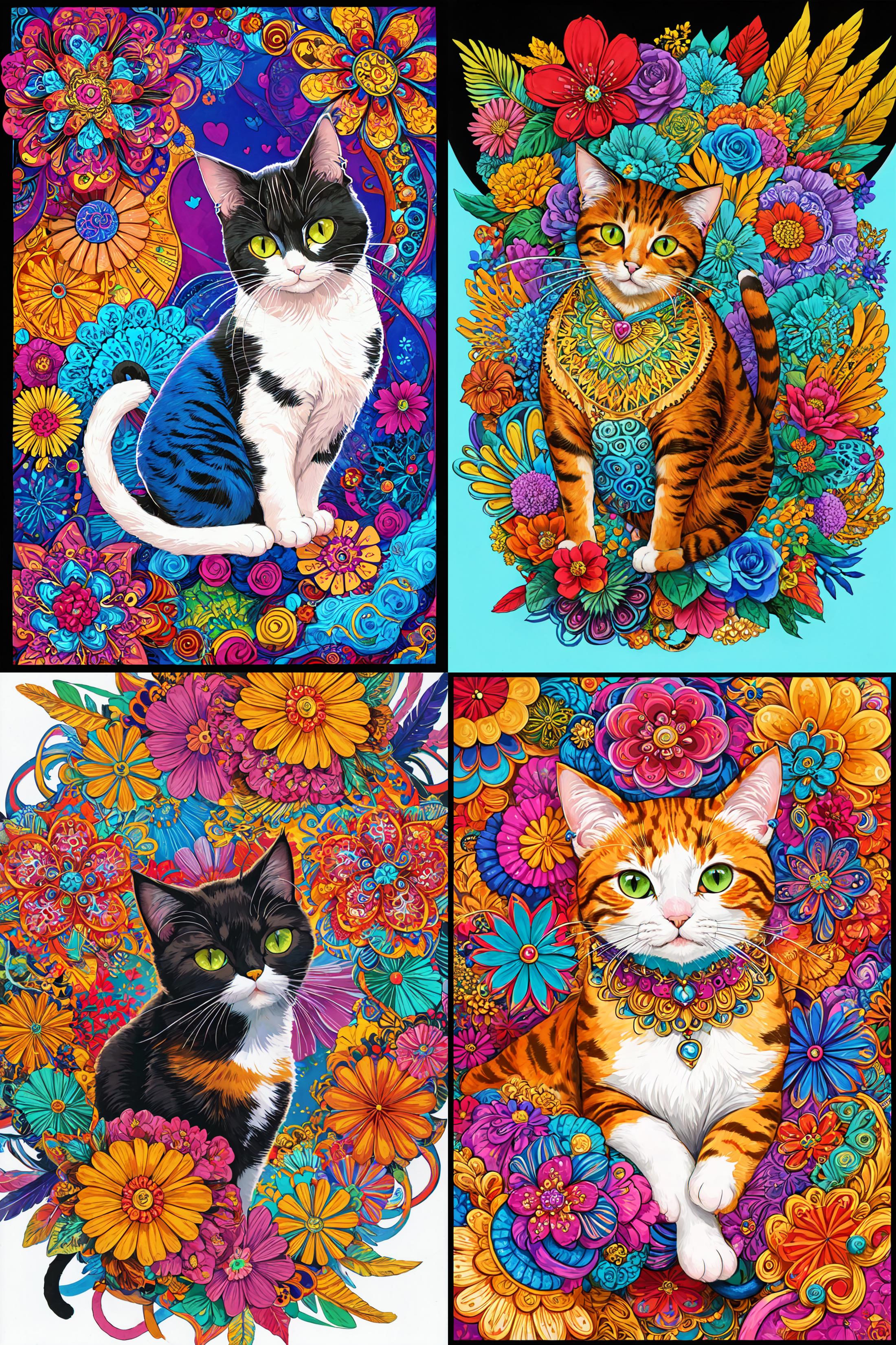 A colorful painting of four cats with flowers.