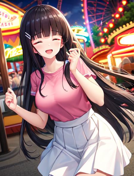 best quality, masterpiece, highres, detailed, digital artwork, <lora:Detail - add_detail:0.2>, IridoYume, black hair, blunt bangs, closed eyes, hair clip, long hair, <lora:Character - IridoYume:0.8>, pink shirt, white skirt, excited, amusement park, ^_^, blurry background, bokeh,