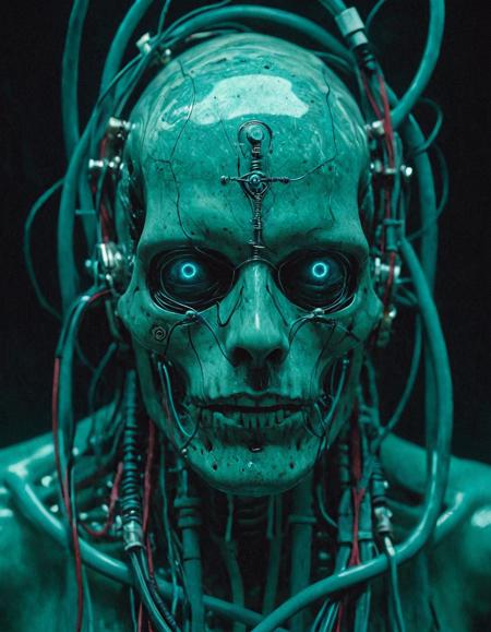 Hyperrealistic art Surrealist art breathtaking cinematic film still close-up of submerged cybernetic face in glowing teal amniotic fluid, eyes lit with faint blue light, wires and tubes pulsing around skull, slow reactivation of ancient intelligence, photoreal skin texture and fluid distortion, dreamlike mood, low-contrast cinematic palette, photographed on Kodak Portra 800, captured with Sony A7R IV and 50mm f/1.2 lens, rebirth through entropy tone,<lora:add-detail-xl:1>,OverallDetailXL,ArsMovieStill,<lora:MJ52_v2.0:0.7>,<lora:EldritchCandids1.1.2:0.75>,<lora:EpicF4nta5yXL:0.4>,<lora:Year_3000_Movie_Stills:0.5> . shallow depth of field, vignette, highly detailed, high budget, bokeh, cinemascope, moody, epic, gorgeous, film grain, grainy . award-winning, professional, highly detailed . Dreamlike, mysterious, provocative, symbolic, intricate, detailed . Extremely high-resolution details, photographic, realism pushed to extreme, fine texture, incredibly lifelike